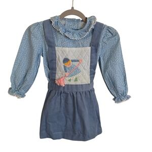 NWT Vintage Ruth Scharf Kids Girls Blue Floral Pinafore Dress Outfit Size 3T
